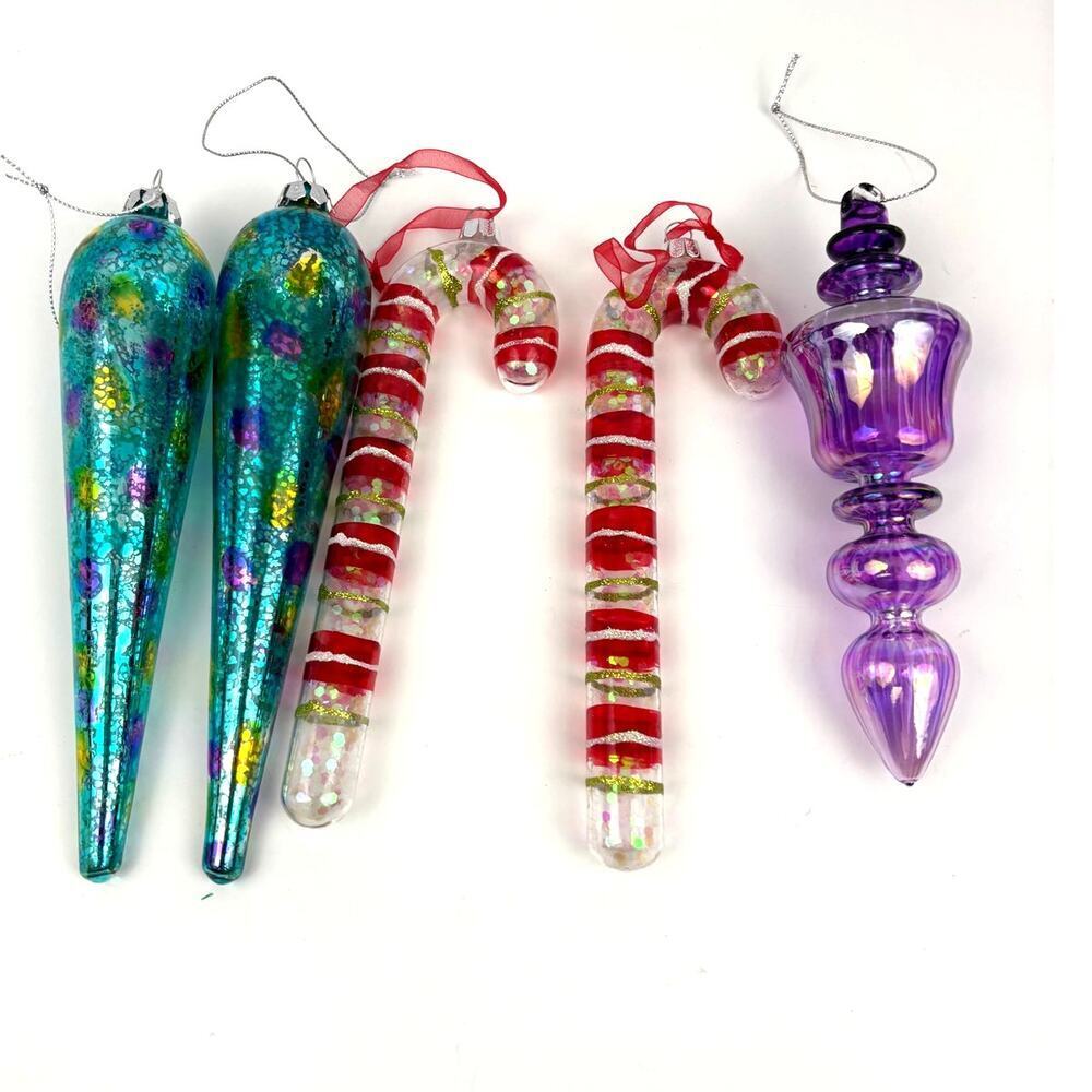 Lot‎ of 5 Holiday Ornaments Christmas Candy Cane Glass Bundle Speckled